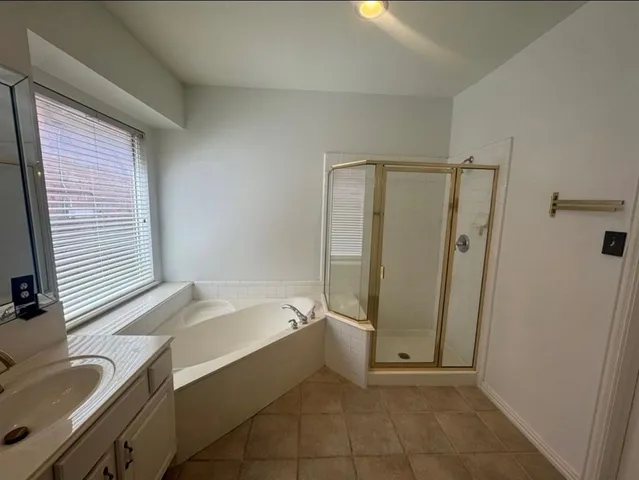 a bathroom with a tub sink and mirror