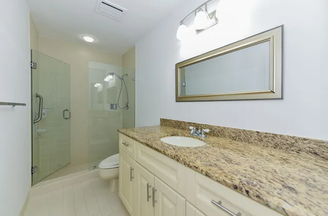 a bathroom with a granite countertop sink a toilet and shower