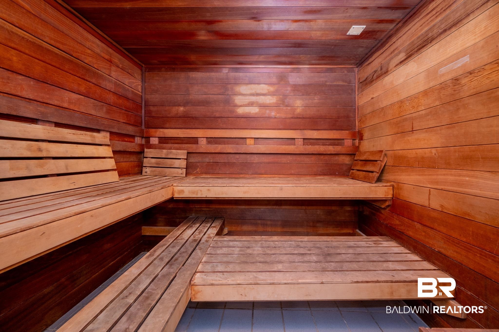 26802 Perdido Beach Boulevard, Unit 406 Orange Beach, AL 36561 - Photo 36 of 37 Sauna featuring wood walls, wood ceiling, and tile patterned flooring