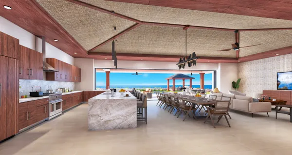 a dining room with furniture and chandelier