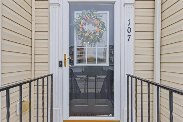 a view of a balcony with a door