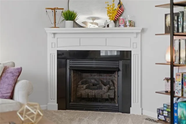 a living room with a fireplace and a potted plant