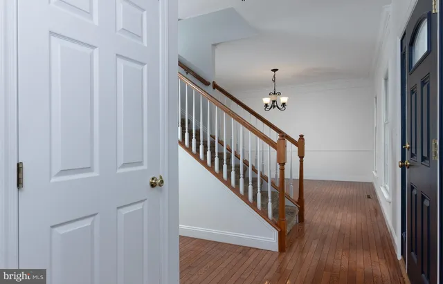 a view of a kitchen with a stove cabinets a ceiling fan and wooden floor