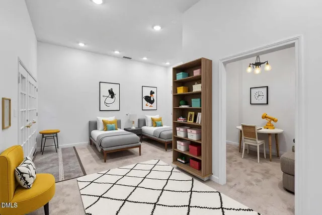 an empty room with closet and mirror