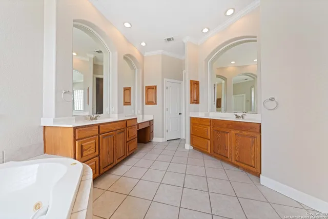 a view of a park with large trees