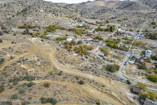 a view of a dry yard with green space