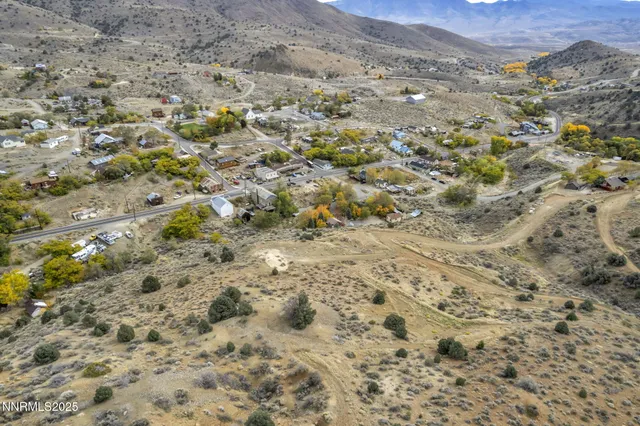 a view of a dry yard with green space