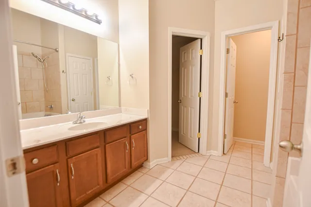 a bathroom with a sink a mirror and a shower