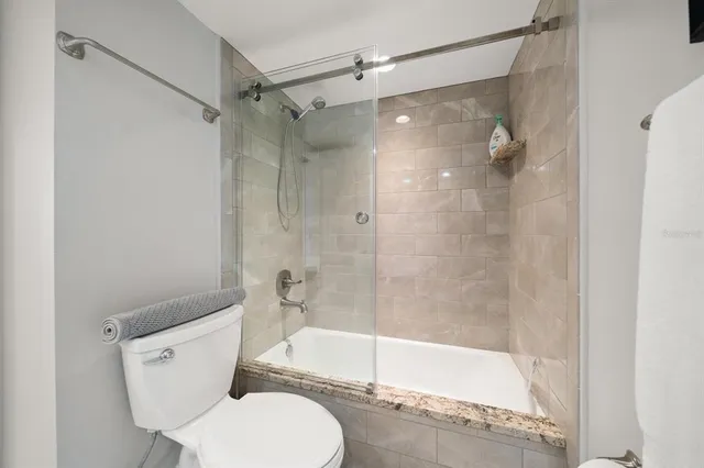a bathroom with a shower and a toilet