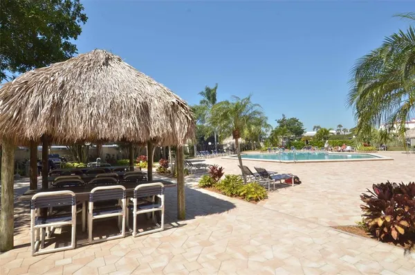 a view of a swimming pool with outdoor seating and plants