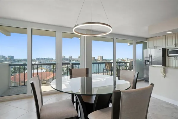 a view of a dining room with furniture window and outside view