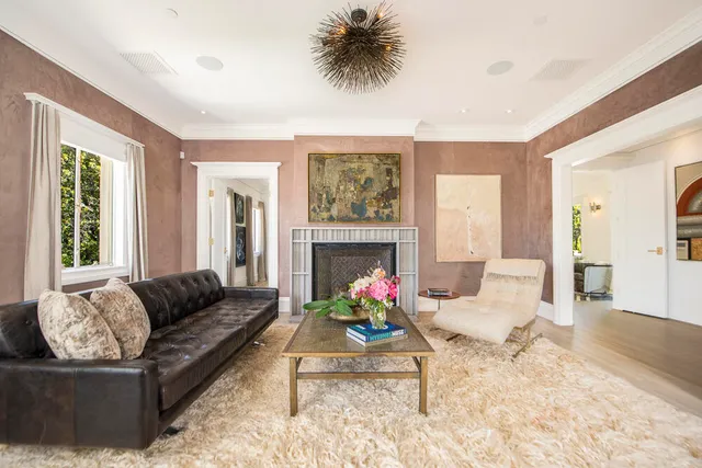 a living room with furniture and a potted plant