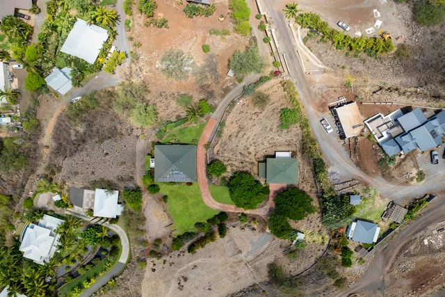an aerial view of a house with a yard and a large tree