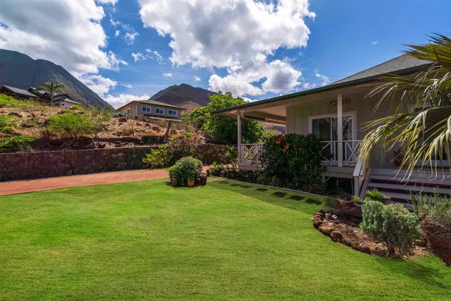 a view of a backyard with couches and potted plants