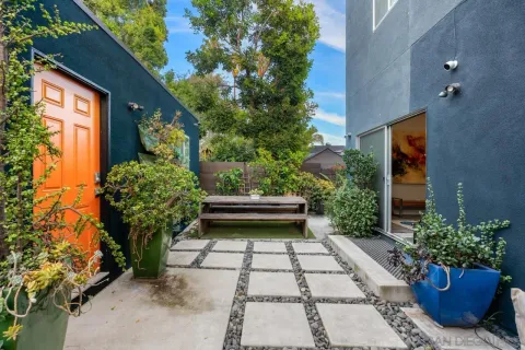 a view of a potted plants in front of building