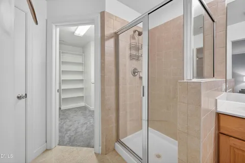 a bathroom with a shower and a sink