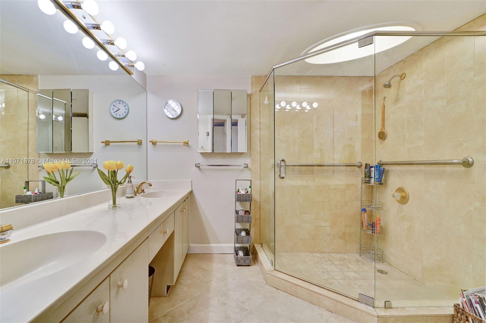 a bathroom with a granite countertop sink mirror and a shower