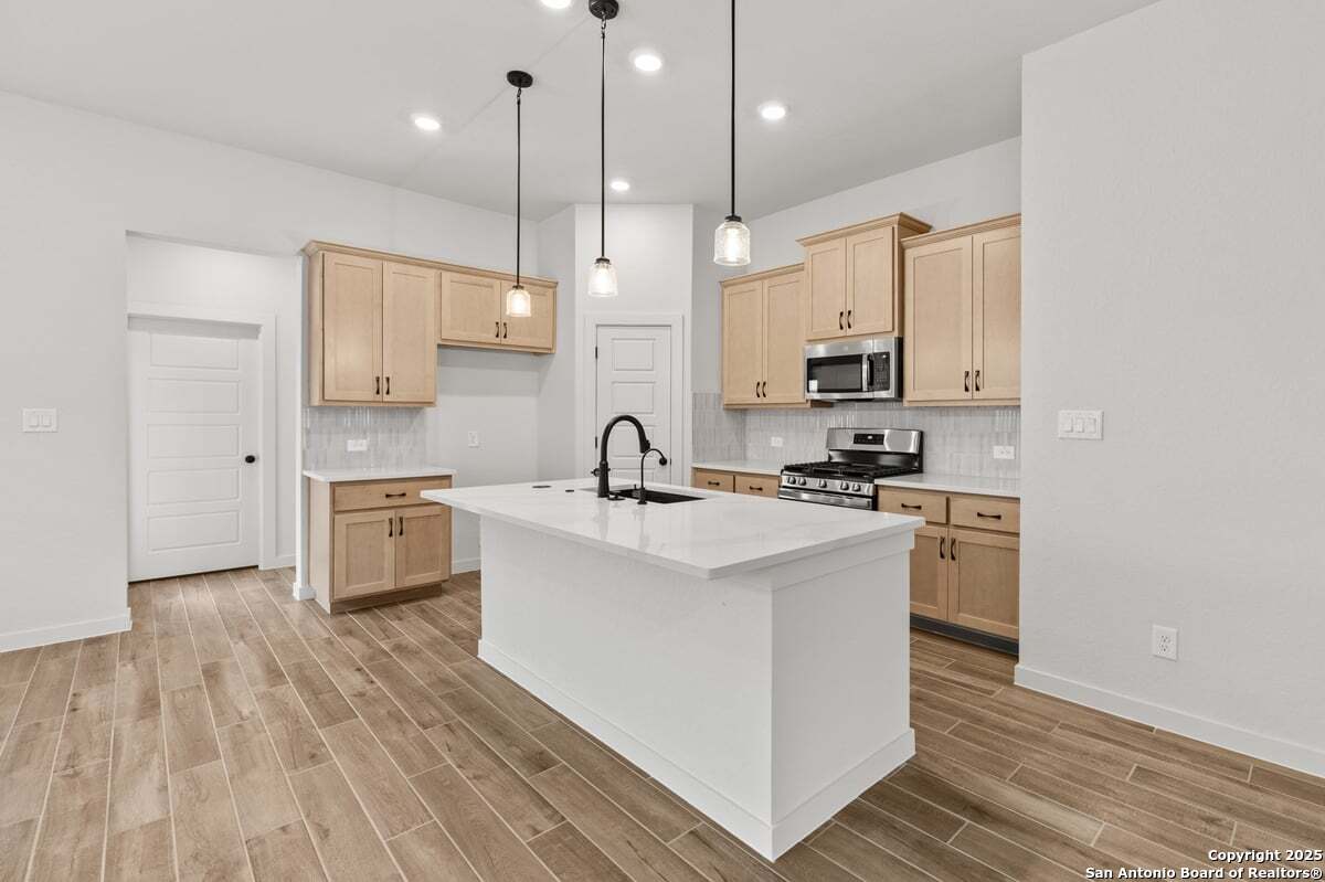 2009 Shepards Street Seguin, TX 78155 - Photo 5 of 22 a kitchen with stainless steel appliances sink a stove and white cabinets with wooden floor