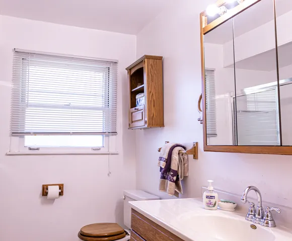 a bathroom with a sink mirror and toilet