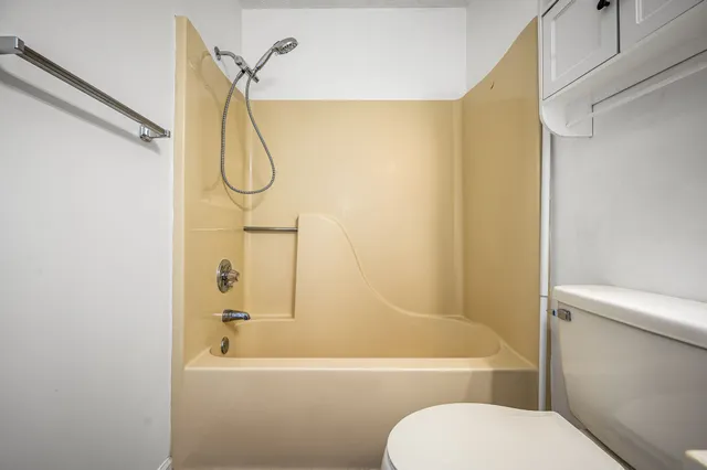 a bathroom with a toilet and a bath tub