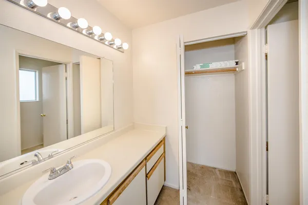 a bathroom with a sink vanity and a mirror