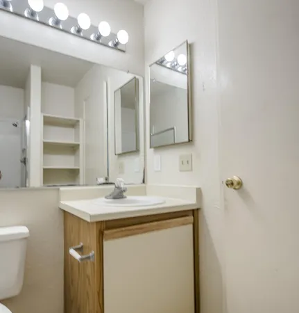 a bathroom with a sink vanity and a mirror