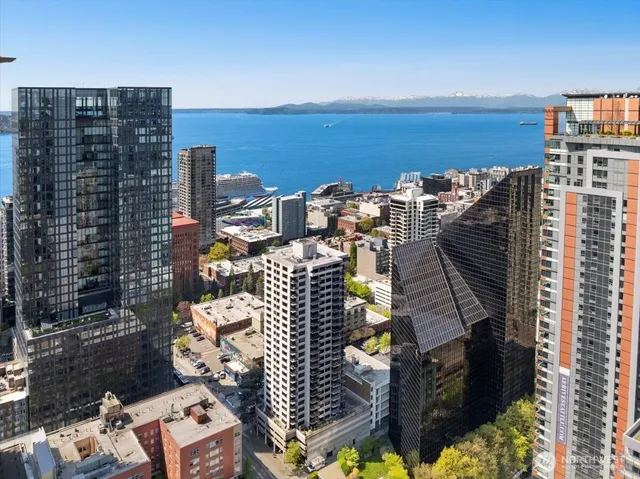 a city view with tall buildings