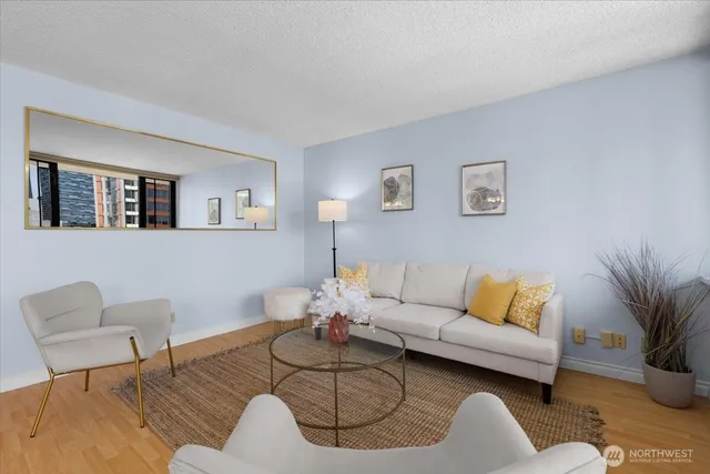 a living room with furniture and a potted plant
