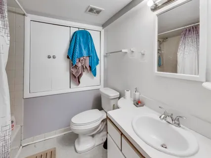 a bathroom with a sink toilet and mirror