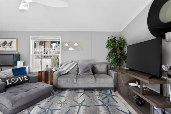 a living room with furniture a flat screen tv and a potted plant