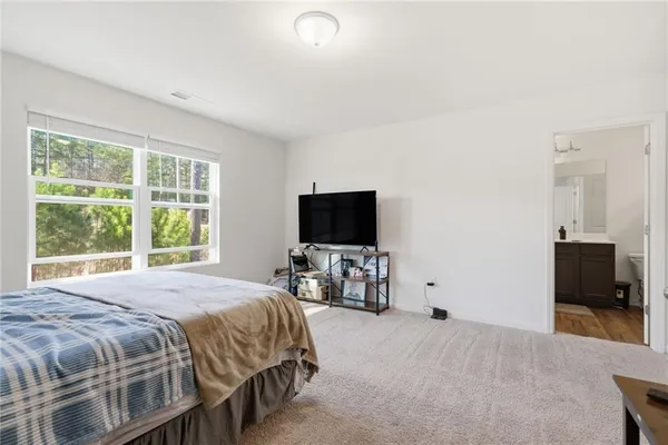 a bedroom with a bed and a television