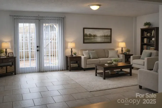 a living room with furniture and a floor to ceiling window