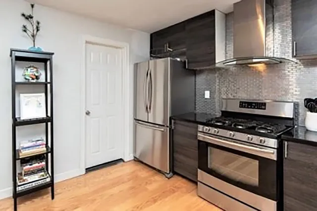 a kitchen with stainless steel appliances granite countertop a stove and a microwave