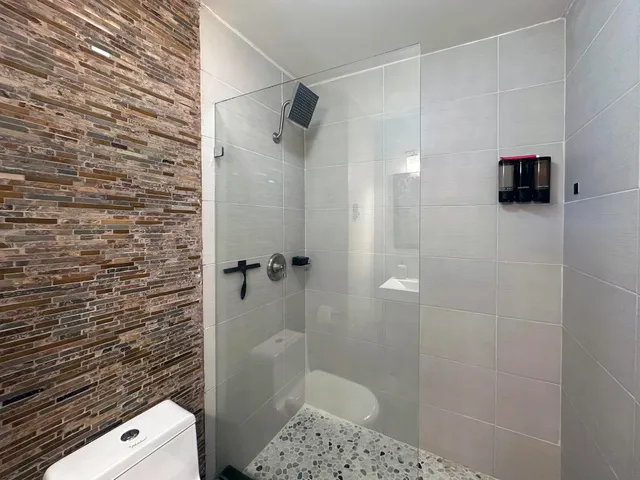 a bathroom with a shower and a toilet