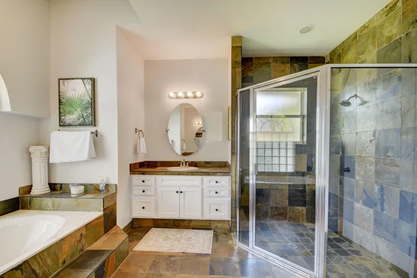 a spacious bathroom with a granite countertop sink mirror and shower