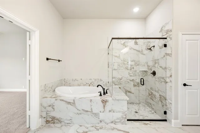 a bathroom with a bathtub and shower