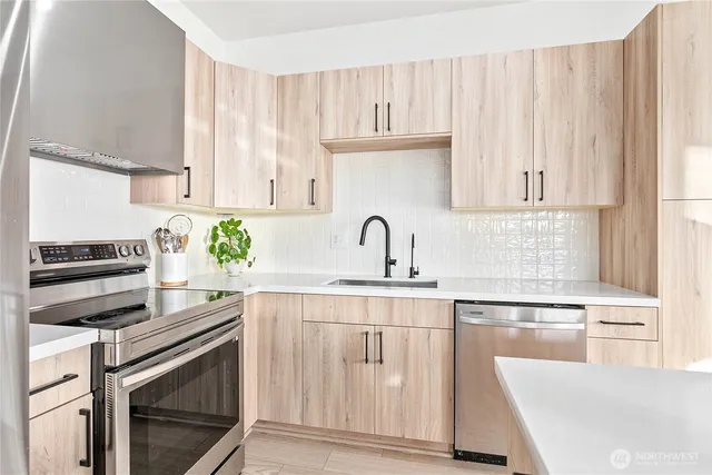 a kitchen with cabinets appliances and a sink