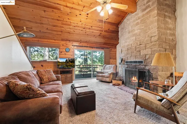 a living room with furniture a fireplace and next to a window