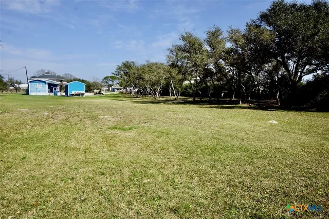 a view of a swimming pool and trees in the background