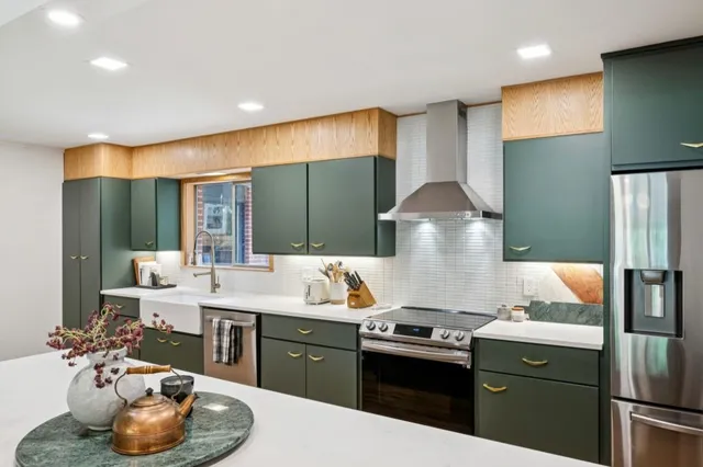 a living room with furniture a table and a large window
