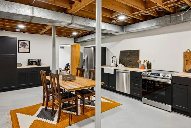 a view of a dining room with furniture