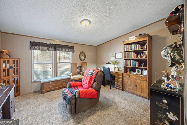 a bedroom with furniture and a book shelf