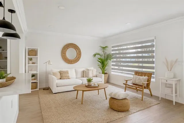 a living room with furniture a rug and a window