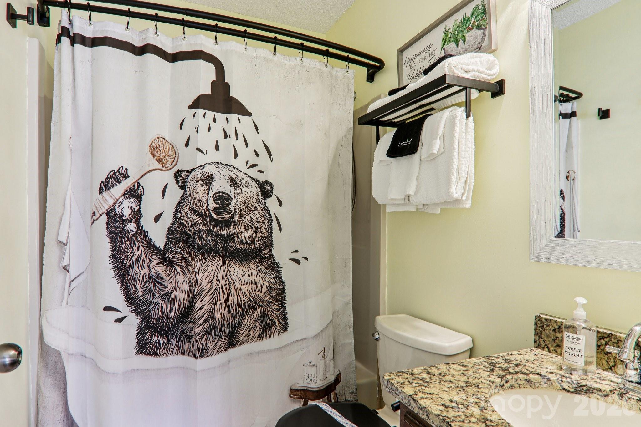 129 Riverside Villa Drive Maggie Valley, NC 28751 - Photo 26 of 43 a bathroom with a toilet and a shower curtain