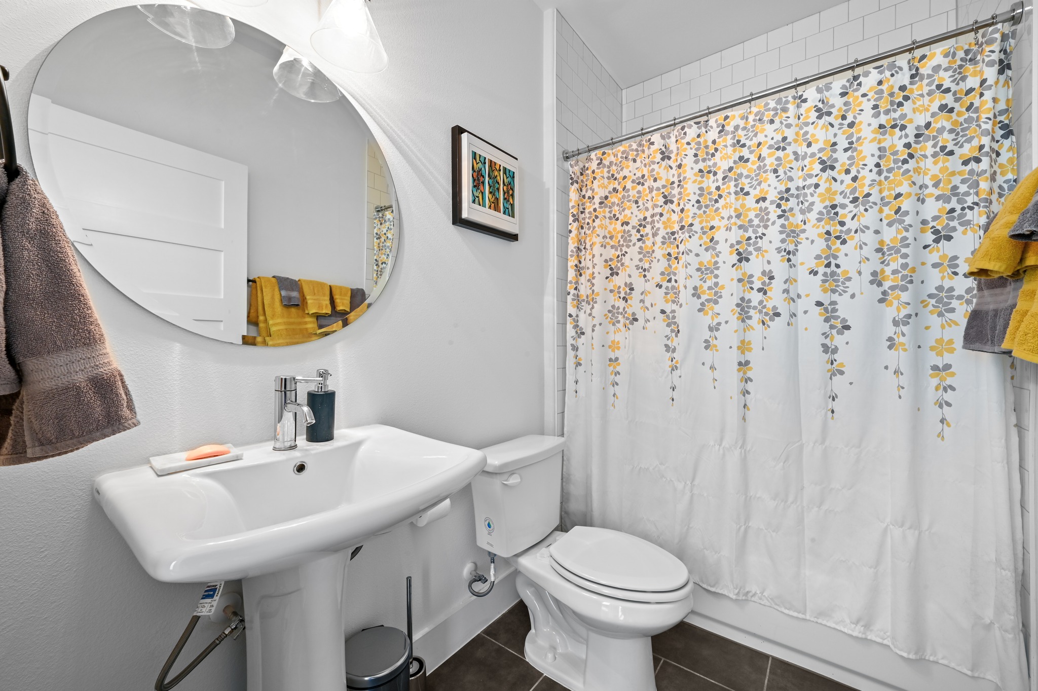 1405 Casey Street, Unit B Austin, TX 78704 - Photo 12 of 28 Full bathroom with dark tile patterned flooring and shower / bathtub combination with curtain