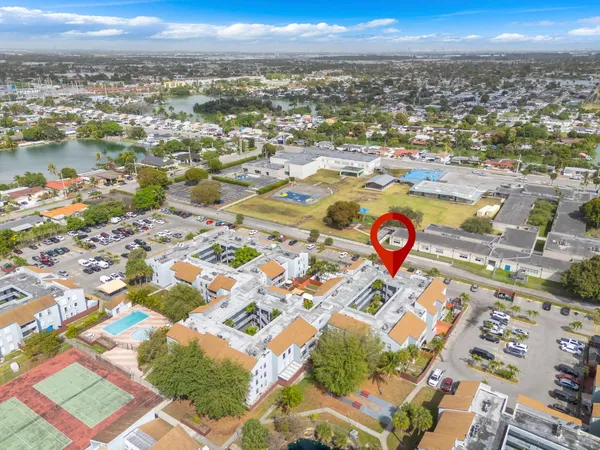 an aerial view of city and outdoor space