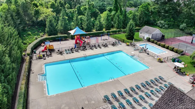 an outdoor space with seating