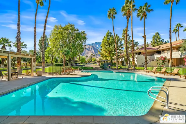 a view of a swimming pool with a lawn chairs under palm trees