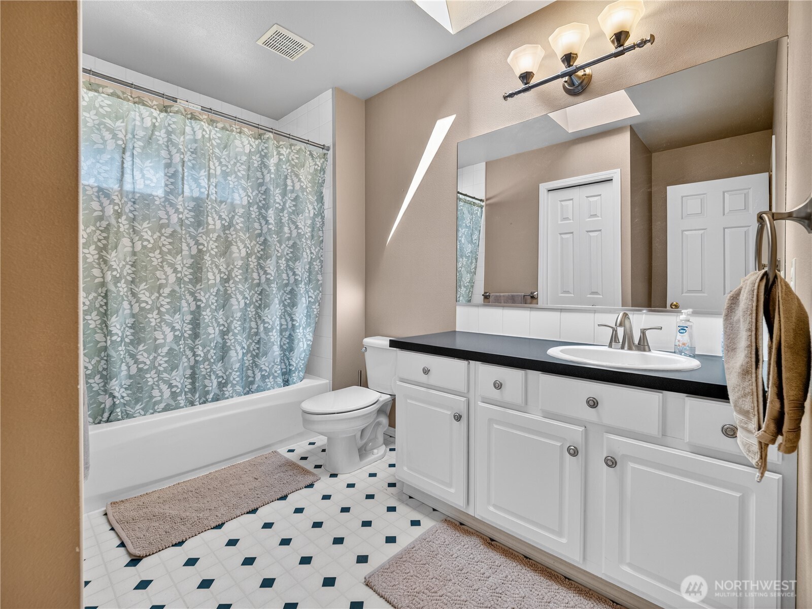 26224 Southeast 425th Street Enumclaw, WA 98022 - Photo 26 of 37 a bathroom with a sink a toilet a mirror a vanity and shower
