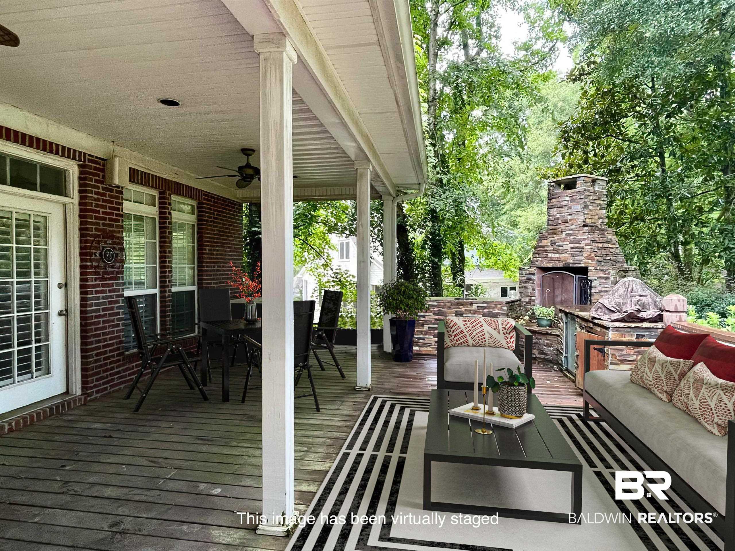 202 Potters Mills Road Daphne, AL 36526 - Photo 24 of 29 Deck with an outdoor living space with a fireplace and ceiling fan